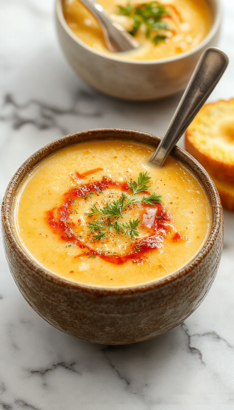 A steaming bowl of creamy corn chowder with a vibrant yellow color, topped with a dollop of sour cream and fresh chopped chives, surrounded by crispy bacon bits on a rustic wooden table, garnished with a sprig of parsley for a fresh touch.