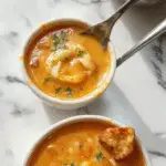 A steaming bowl of colorful soup featuring chunks of vegetables, tender meat, and herbs, garnished with fresh parsley, served on a rustic wooden table with a spoon beside it, highlighting a comforting and hearty appearance.