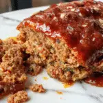A perfectly sliced classic meatloaf arranged on a rustic white plate, topped with a glossy tomato glaze, with slices revealing a moist interior and bits of vegetables. The background features a warm, inviting kitchen setting with a side of mashed potatoes and fresh herbs garnished around the plate.