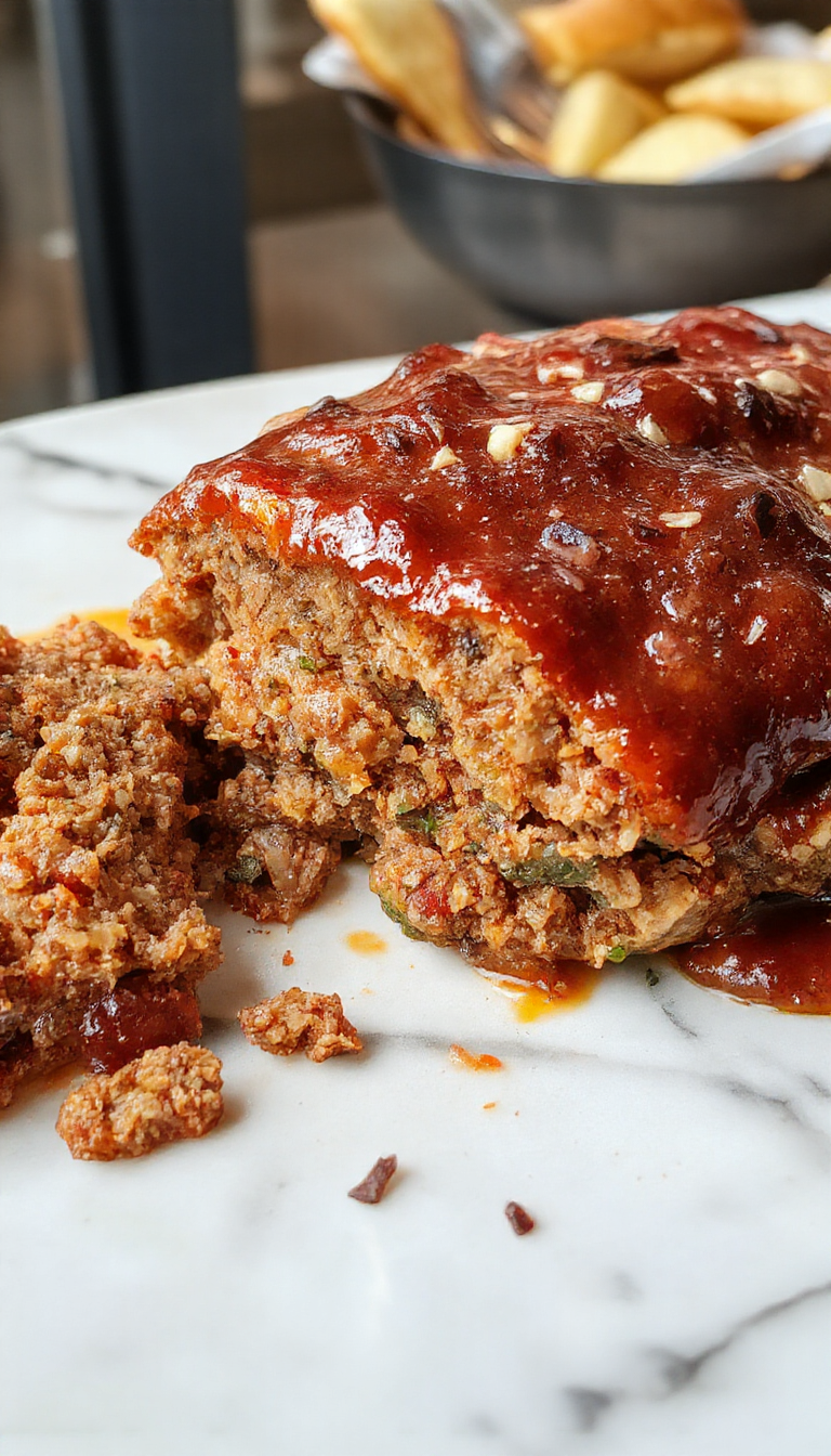 A perfectly sliced classic meatloaf arranged on a rustic white plate, topped with a glossy tomato glaze, with slices revealing a moist interior and bits of vegetables. The background features a warm, inviting kitchen setting with a side of mashed potatoes and fresh herbs garnished around the plate.