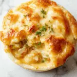 A golden-brown, flaky pie crust filled with creamy, hearty chicken and vegetable filling visible through a slightly open top crust, garnished with fresh herbs, on a rustic wooden table