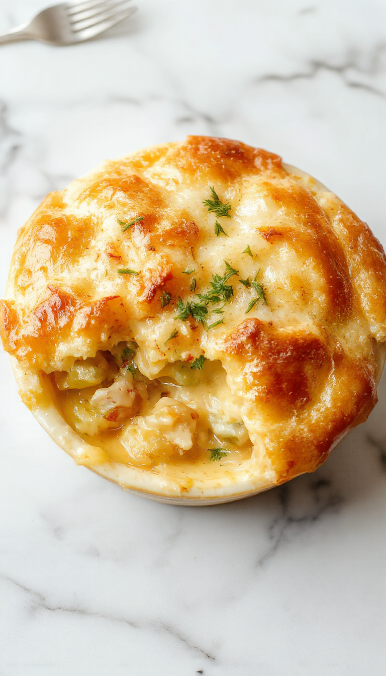 A golden-brown, flaky pie crust filled with creamy, hearty chicken and vegetable filling visible through a slightly open top crust, garnished with fresh herbs, on a rustic wooden table