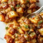 A rustic, golden-brown casserole dish filled with layers of creamy, cheesy ingredients topped with a crispy breadcrumb crust. The casserole is steaming, placed on a wooden table with sprigs of fresh herbs and side bowls of colorful vegetables in the background.