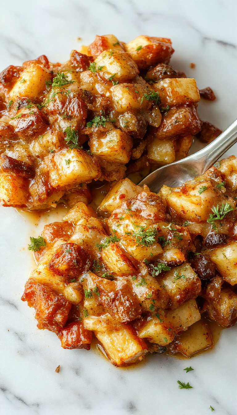 A rustic, golden-brown casserole dish filled with layers of creamy, cheesy ingredients topped with a crispy breadcrumb crust. The casserole is steaming, placed on a wooden table with sprigs of fresh herbs and side bowls of colorful vegetables in the background.