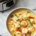 A steaming bowl of tortellini soup garnished with fresh herbs, with tender tortellini, slices of sausage, and colorful vegetables, presented on a rustic wooden table with a spoon resting beside.