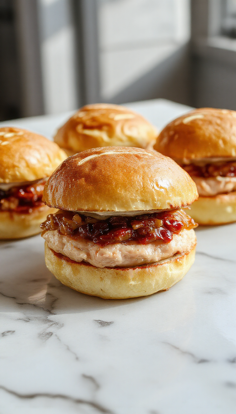 A close-up of turkey cranberry sliders arranged on a white platter. The sliders are served on soft Hawaiian rolls, filled with sliced turkey, a vibrant cranberry sauce, and topped with fresh herbs. The presentation highlights the colorful layers of the sandwich, with a glossy cranberry glaze and textured bread. In the background, blurred holiday-themed decorations are visible, creating a festive atmosphere.
