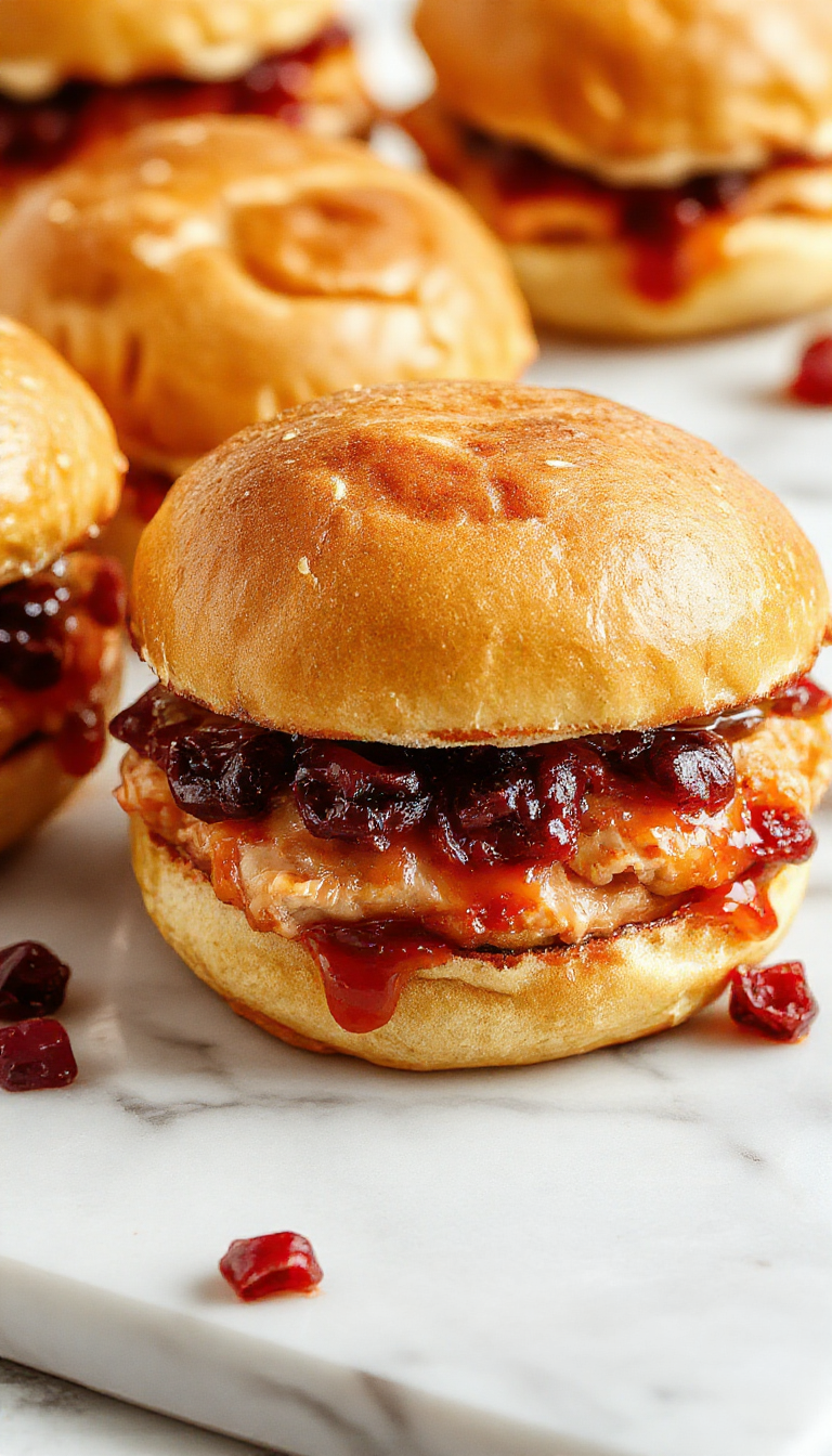 Close-up of golden-brown Hawaiian roll sliders filled with sliced turkey, vibrant red cranberry sauce, and melted havarti cheese. The sliders are garnished with poppy seeds and arranged on a rustic platter, with some cranberry sauce oozing slightly from the sides, showcasing a festive and appetizing presentation.