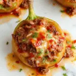 A vibrant casserole dish topped with melted cheese, featuring tender chunks of ground beef, colorful diced green peppers, and a golden-brown crust, all arranged in a rustic bakeware.