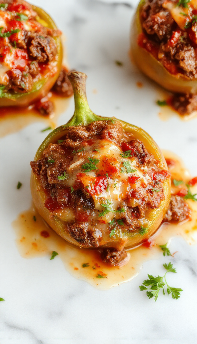 A vibrant casserole dish topped with melted cheese, featuring tender chunks of ground beef, colorful diced green peppers, and a golden-brown crust, all arranged in a rustic bakeware.