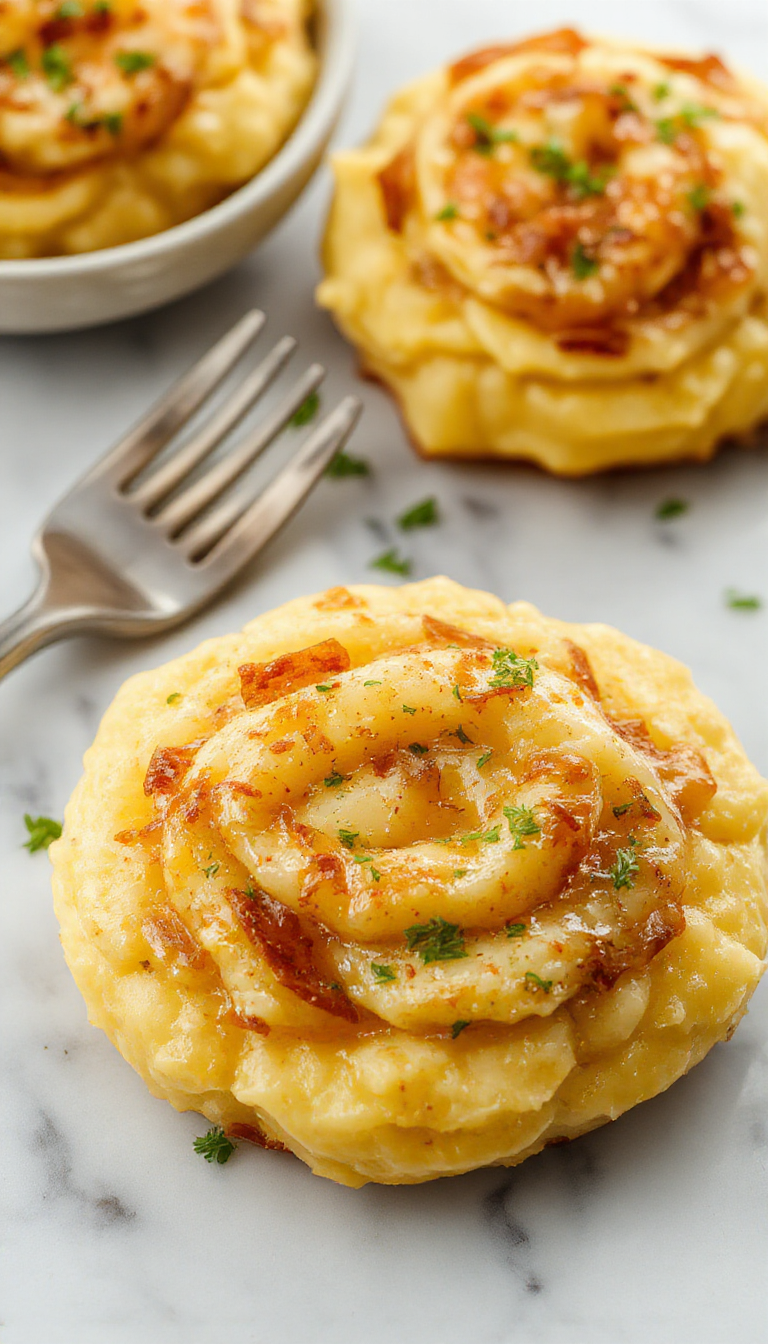 A creamy mound of vegan caramelized onion mashed potatoes topped with golden-brown caramelized onions and fresh herbs, served on a rustic ceramic plate with a sprig of rosemary and a drizzle of olive oil. The background features a cozy wooden table with fall-themed decorations and a side of green vegetables.