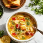 A bowl of Vegetable Barley Soup showcasing a hearty, thick soup filled with colorful chopped vegetables like carrots, celery, and spinach, topped with fresh herbs. The bowl rests on a rustic wooden table, with a spoon beside it and steam gently rising, indicating warmth and freshness.