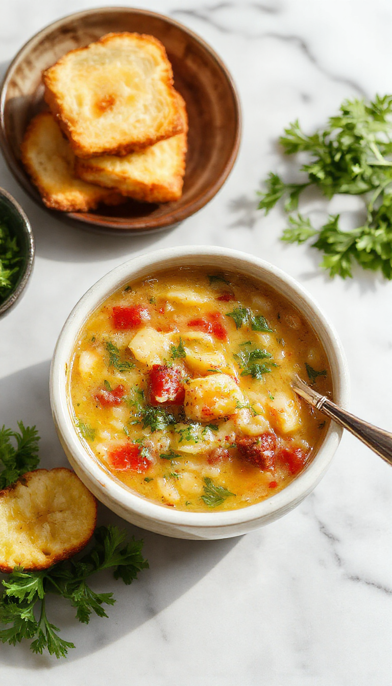 A bowl of Vegetable Barley Soup showcasing a hearty, thick soup filled with colorful chopped vegetables like carrots, celery, and spinach, topped with fresh herbs. The bowl rests on a rustic wooden table, with a spoon beside it and steam gently rising, indicating warmth and freshness.
