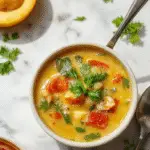A steaming bowl of vibrant vegetable soup featuring diced carrots, celery, tomatoes, and green beans in a clear broth, garnished with fresh herbs on a rustic wooden table.