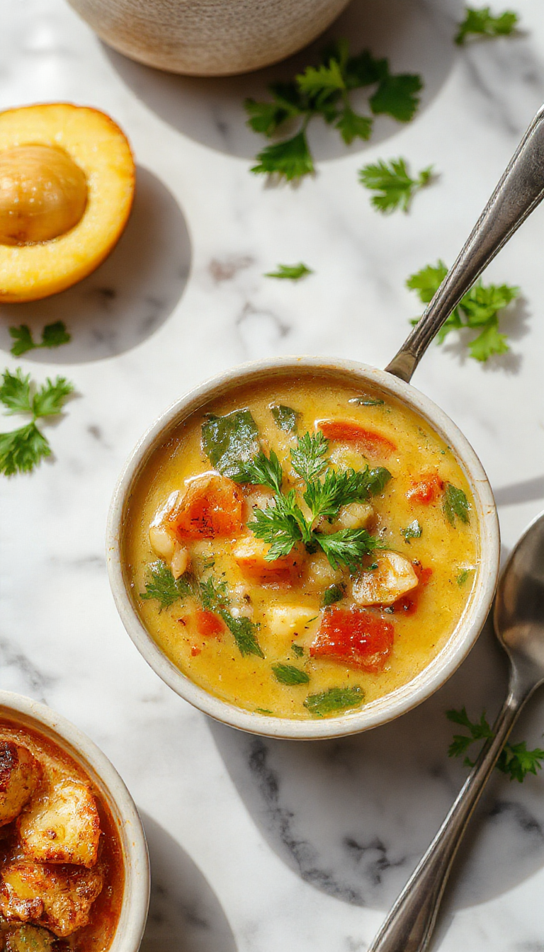 A steaming bowl of vibrant vegetable soup featuring diced carrots, celery, tomatoes, and green beans in a clear broth, garnished with fresh herbs on a rustic wooden table.