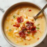 A bowl of creamy white bean soup topped with crispy bacon pieces, garnished with fresh herbs. The soup has a smooth, velvety texture and a warm, inviting color. Surrounding the bowl are slices of toasted bread on a rustic wooden table, with some ingredients like beans and bacon strips slightly blurred in the background, emphasizing the hearty and comforting nature of the dish.
