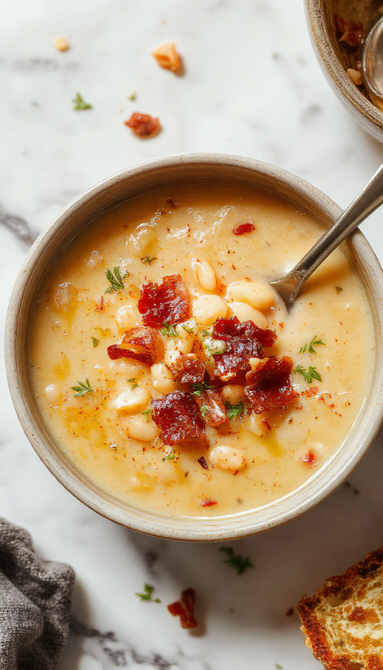 A bowl of creamy white bean soup topped with crispy bacon pieces, garnished with fresh herbs. The soup has a smooth, velvety texture and a warm, inviting color. Surrounding the bowl are slices of toasted bread on a rustic wooden table, with some ingredients like beans and bacon strips slightly blurred in the background, emphasizing the hearty and comforting nature of the dish.