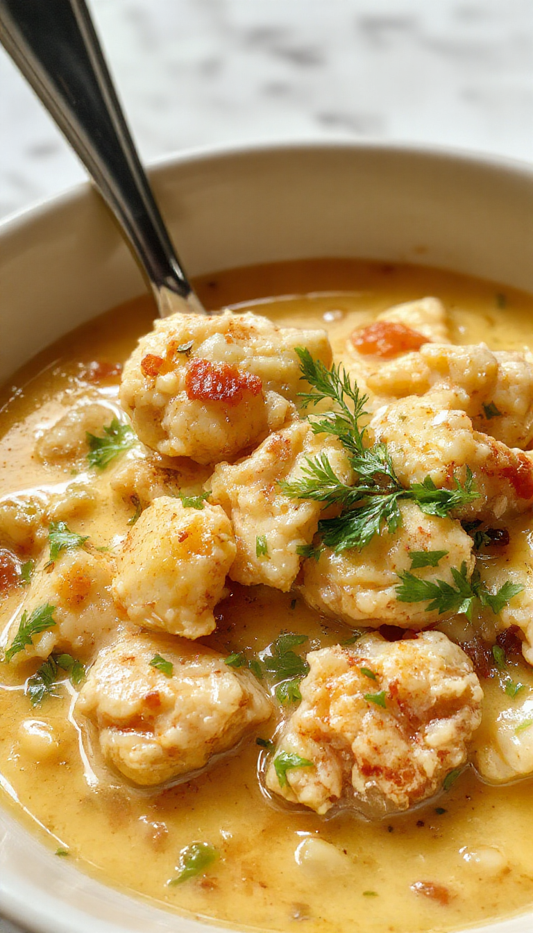 A creamy white chicken chili served in a white bowl, garnished with chopped cilantro and a squeeze of lime, with shredded chicken, beans, and spices visible, accompanied by a spoon and a rustic wooden background.