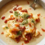 A steaming bowl of white lasagna soup garnished with fresh basil and grated Parmesan, showcasing creamy broth with tuscan-style melted cheese, pasta noodles, and bits of shredded chicken, all presented on a rustic wooden table with a golden spoon resting beside it.
