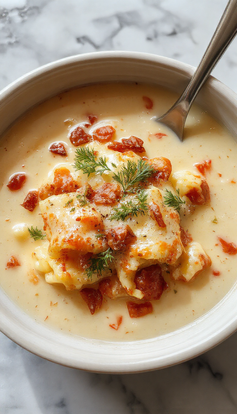 A steaming bowl of white lasagna soup garnished with fresh basil and grated Parmesan, showcasing creamy broth with tuscan-style melted cheese, pasta noodles, and bits of shredded chicken, all presented on a rustic wooden table with a golden spoon resting beside it.