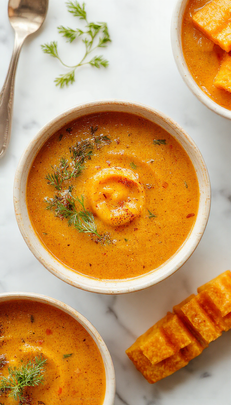 A steaming bowl of vibrant orange pumpkin and sweet potato soup garnished with fresh herbs and a swirl of cream, served in a rustic white bowl on a wooden table with a sliced pumpkin and sweet potatoes in the background.