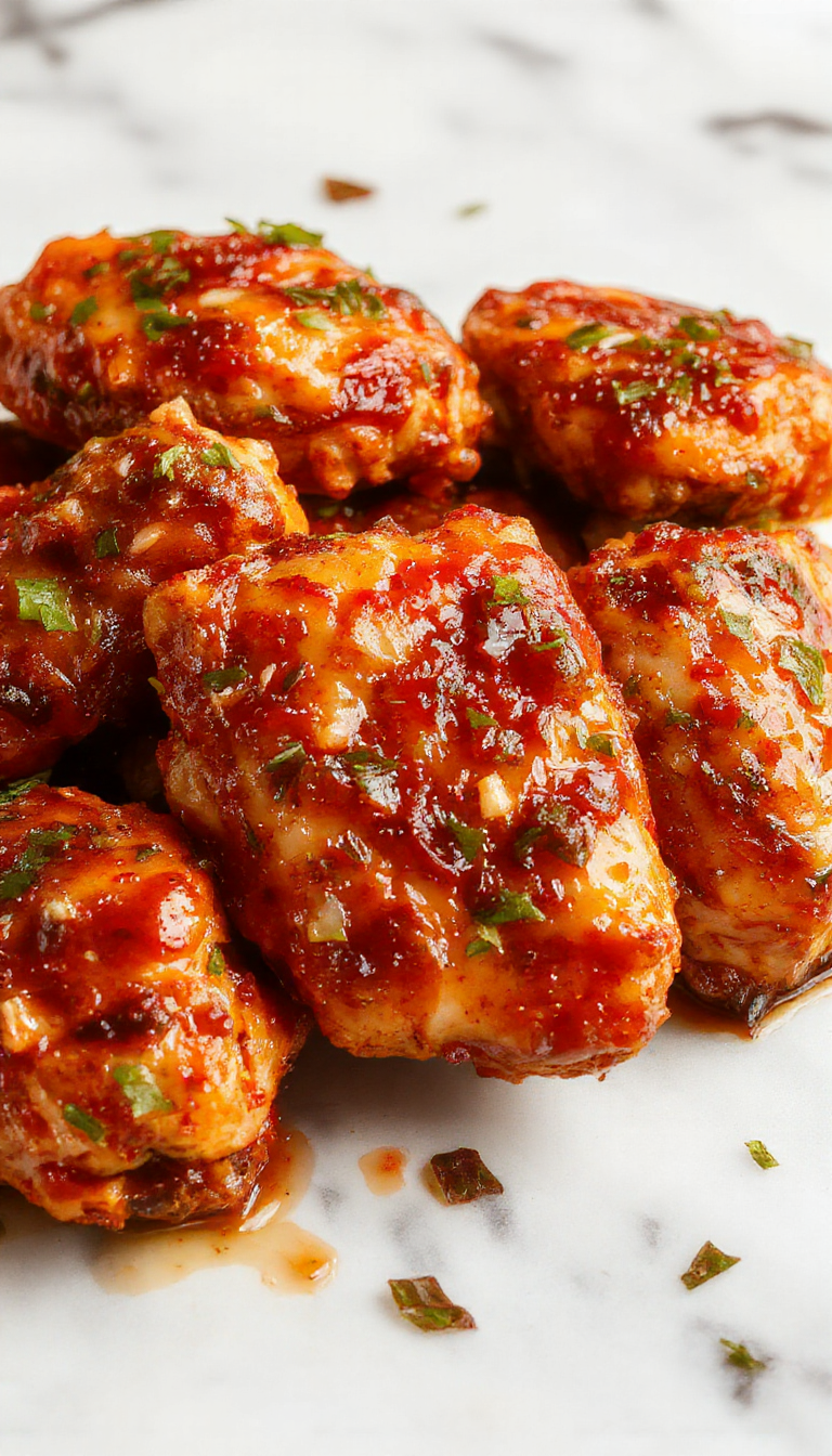 A close-up of a glossy, golden-brown chicken breast coated in a rich, spicy honey glaze, topped with cracked black pepper and garnished with chopped green herbs on a white plate, with a side of creamy mac and cheese in the background, steam rising slightly, highlighting a crispy exterior and juicy interior.