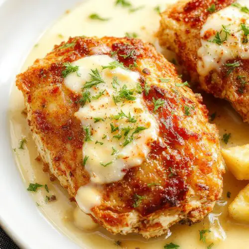 Crispy Parmesan Chicken with a Dreamy Garlic Cream Sauce!