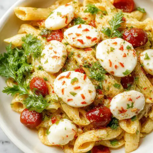Light and Creamy Pesto Caprese Pasta Salad