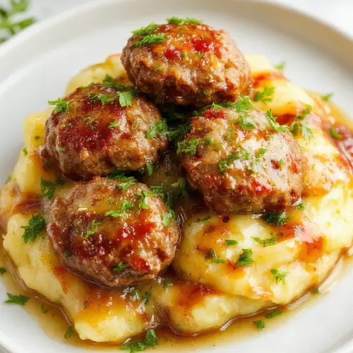 Salisbury Steak Meatballs with Garlic Herb Mashed Potatoes