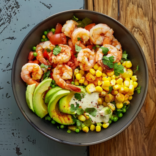 Grilled Shrimp Bowl with Avocado, Corn Salsa & Creamy Garlic Sauce
