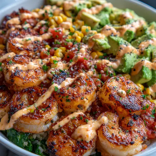 Grilled Shrimp Bowl with Avocado, Corn Salsa & Creamy Sauce