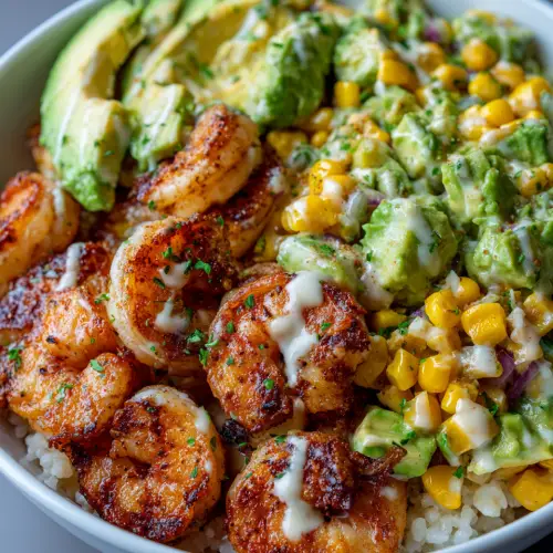 Grilled Shrimp Bowl with Avocado, Corn Salsa & Creamy Sauce
