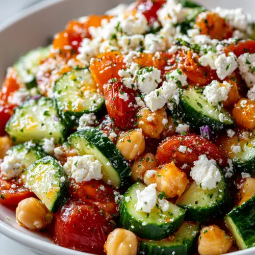 Healthy Chickpea Cucumber Salad with Feta & Tomatoes, dietitian recipe for Chickpea Salad!