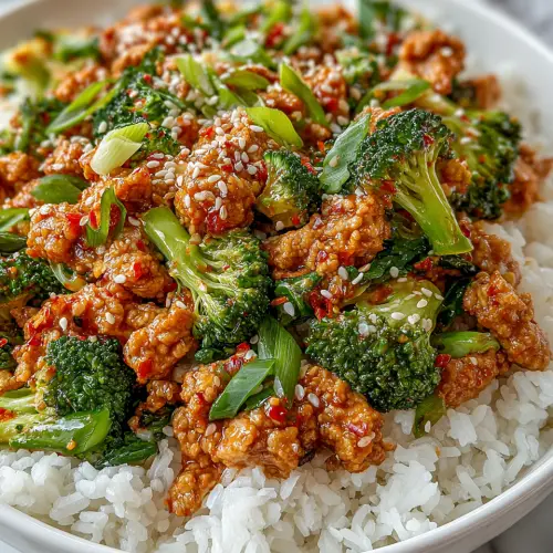 Honey Sriracha Ground Chicken and Broccoli